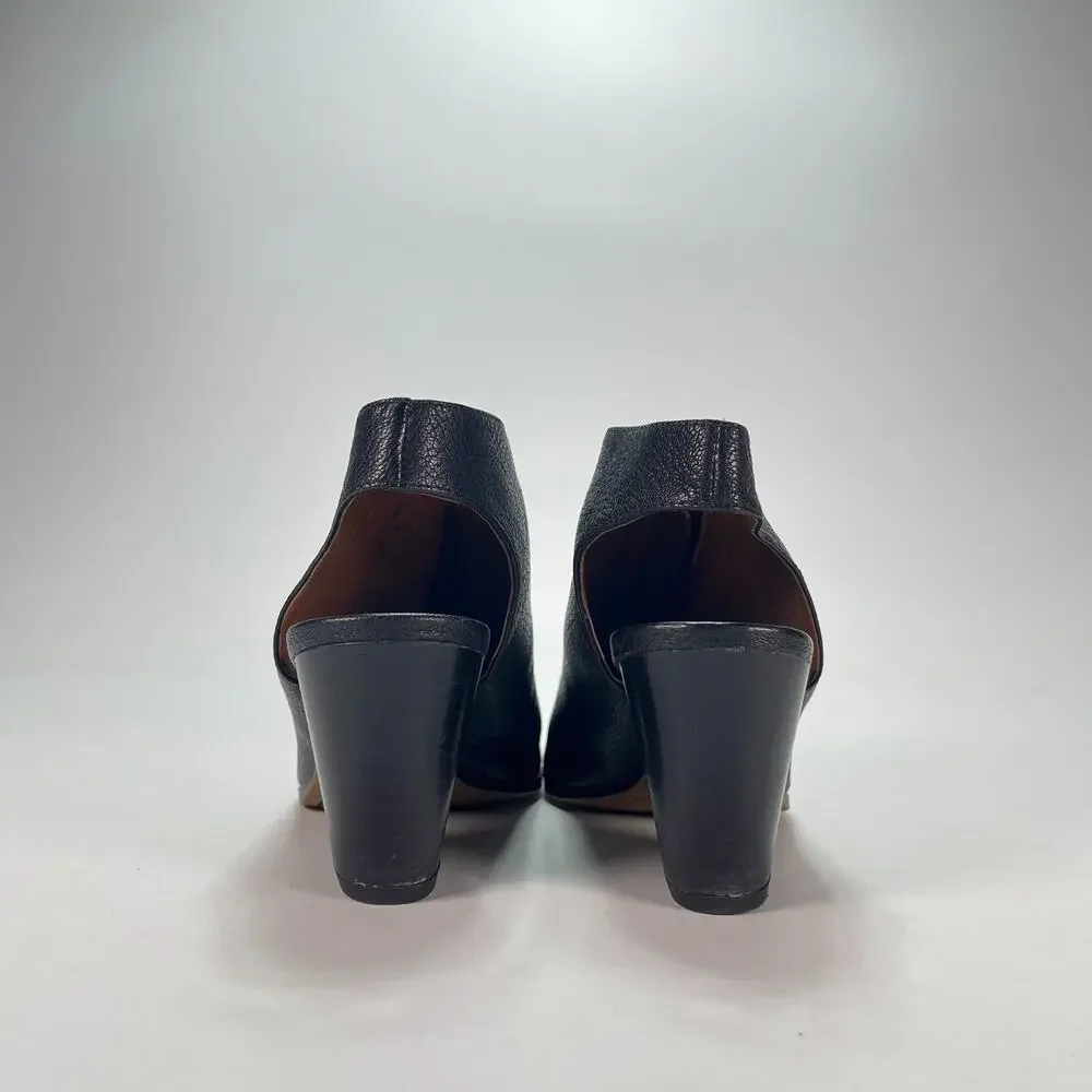 Franco Sarto Black Leather Peep Toe Front Zip Block Heel Sandals Women's Size 6M